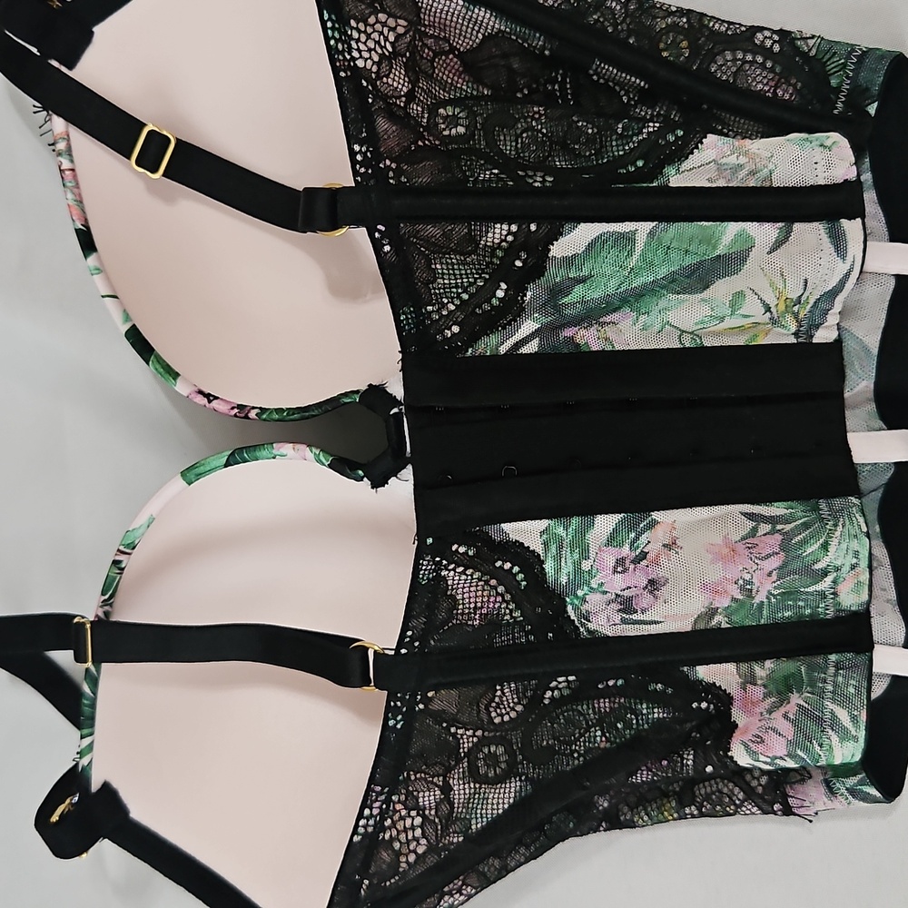 Victoria’s Secret Floral With Black Lace Push Up Padded Bustier Bra - Size 32DD - Picture 3 of 6